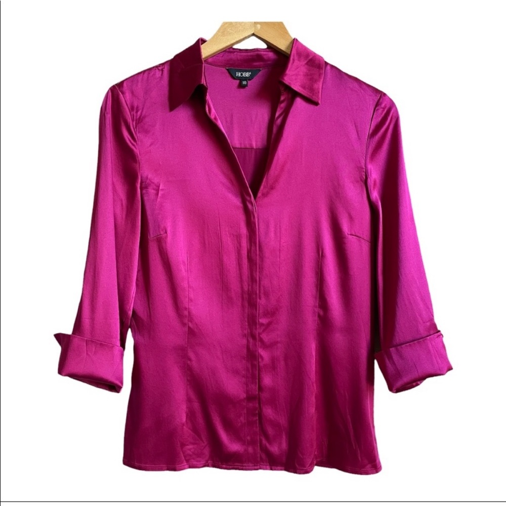 Hobbs Cranberry Red Pink Button Up Silk Blouse